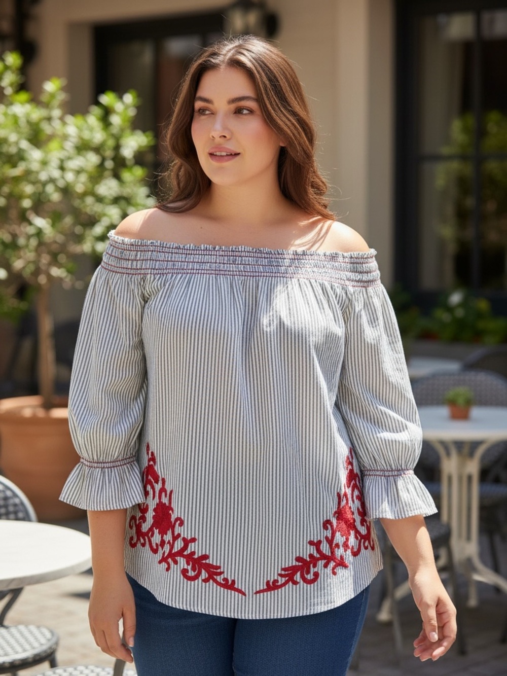 Westport Blue White Striped Embroidered Off Shoulder Peasant Blouse Large